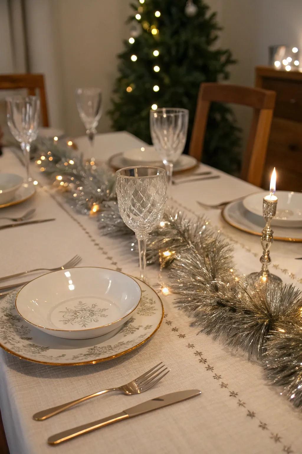 A dining table presenting a shimmering sparkle ribbon runner.
