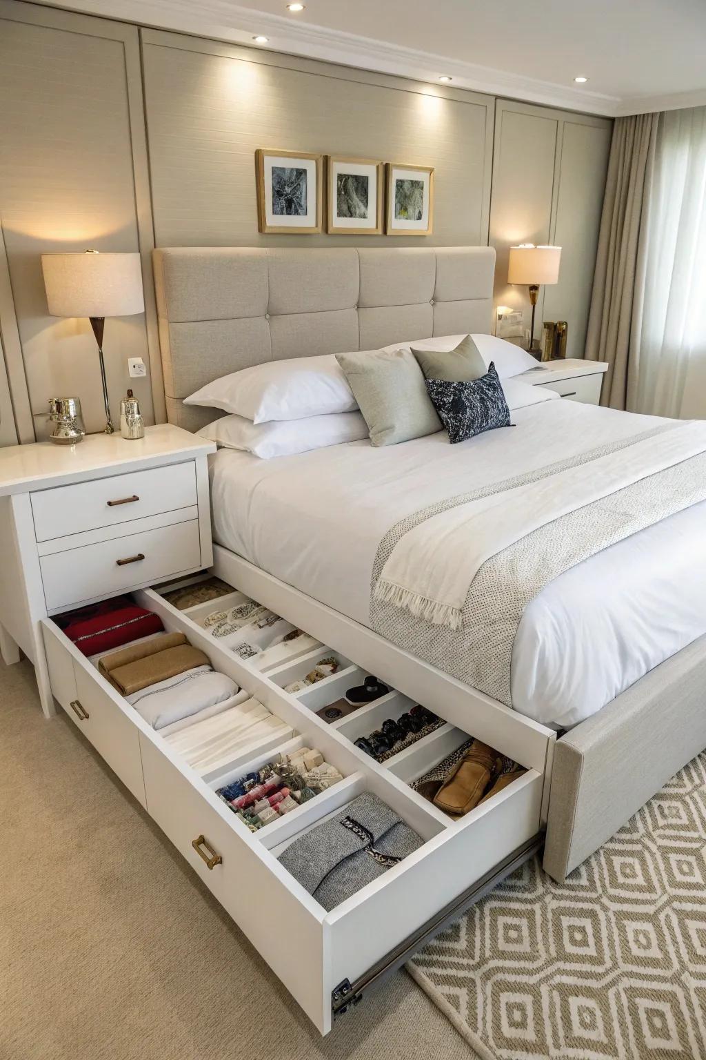 A bedroom featuring a bed that offers hidden storage options.