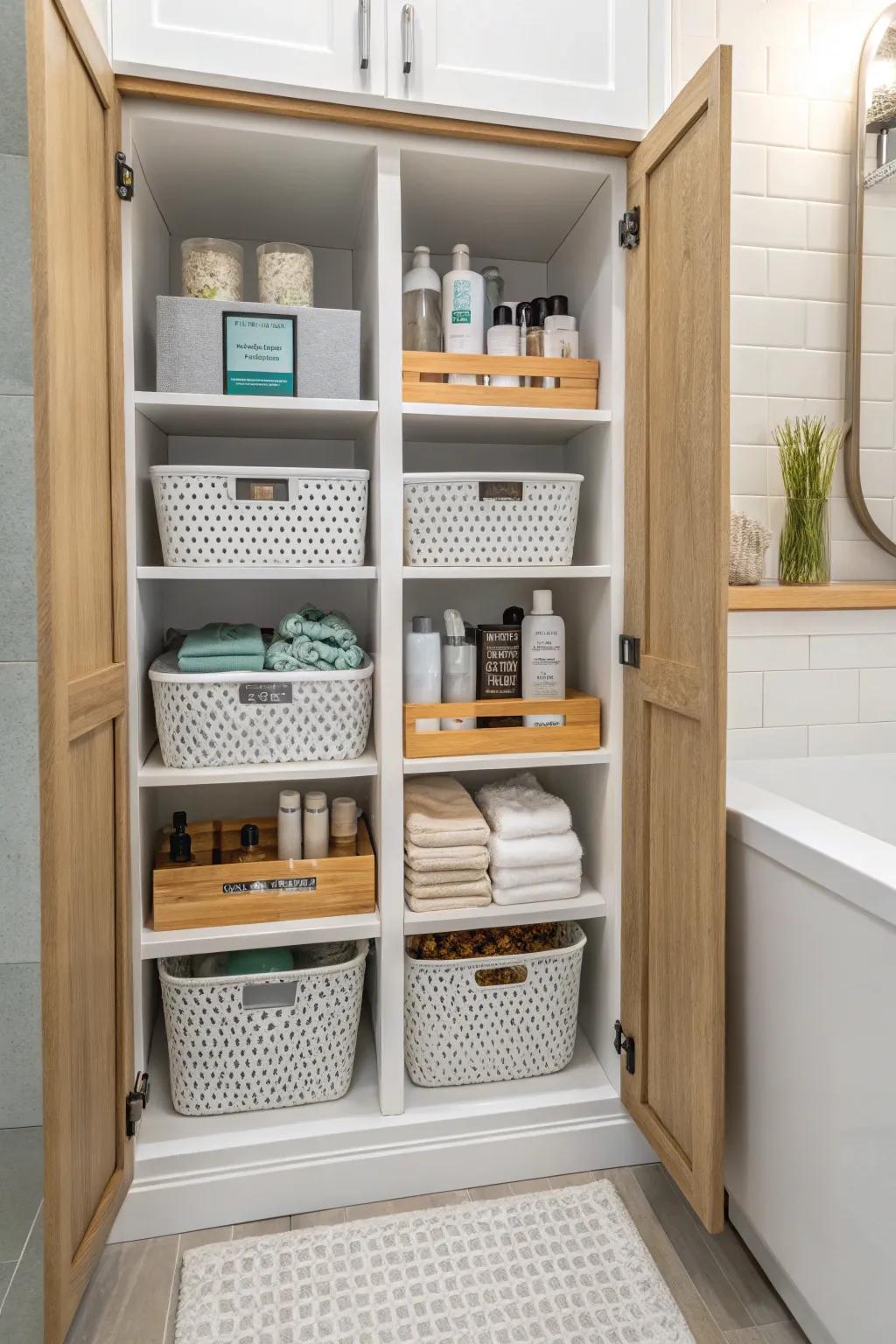 Modular shelving unit inside a cabinet, offering flexible storing solutions.