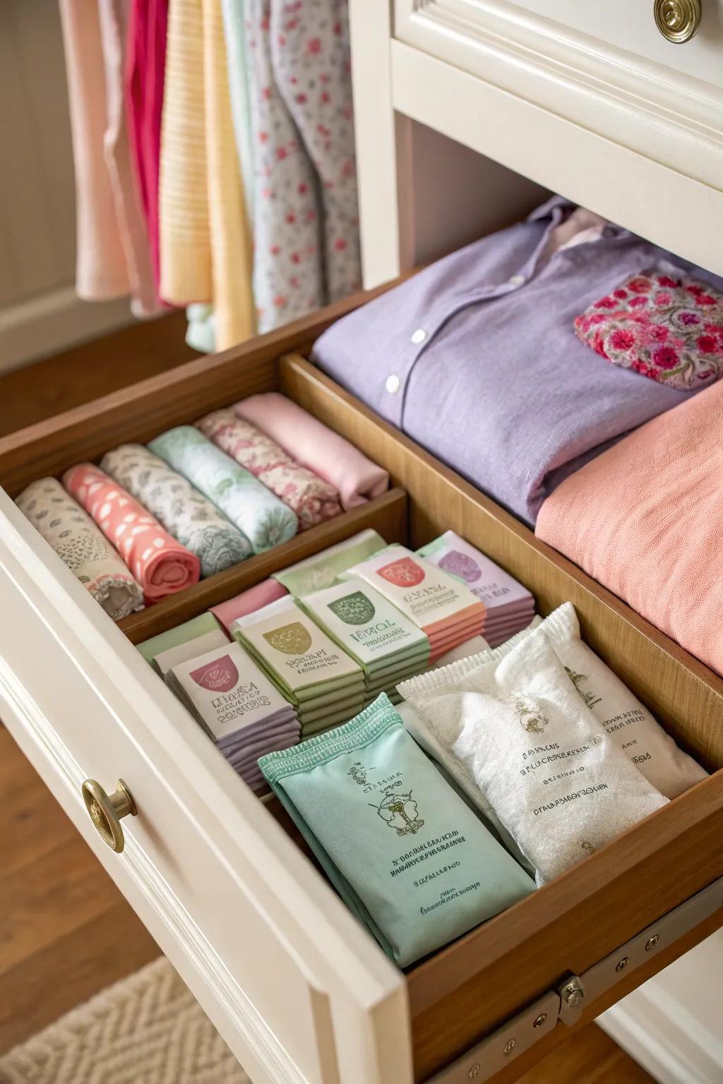 Adding scented sachets for a pleasant fragrance in organized drawers.