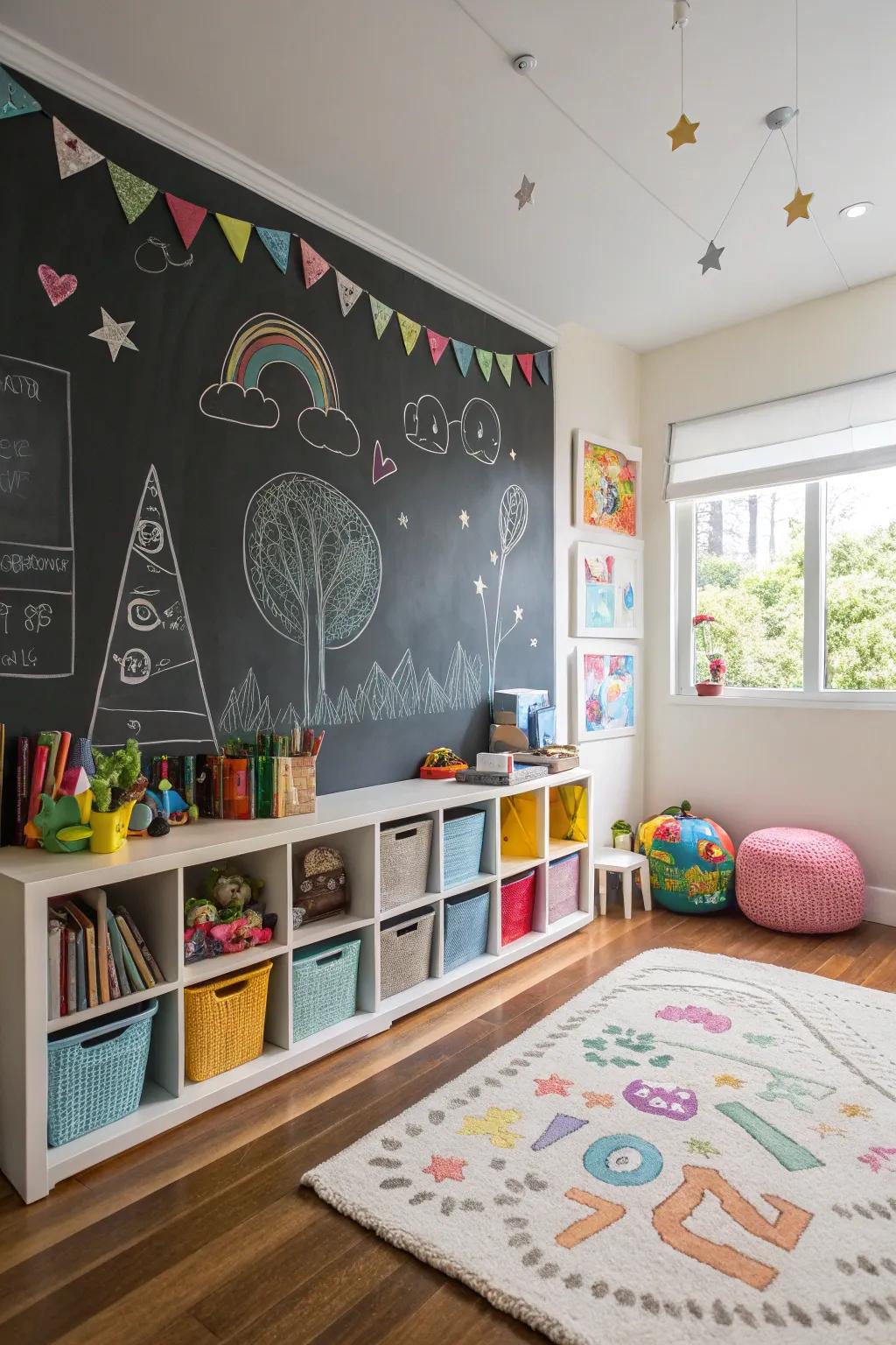 A chalkboard wall encourages creativity and reduces paper clutter.