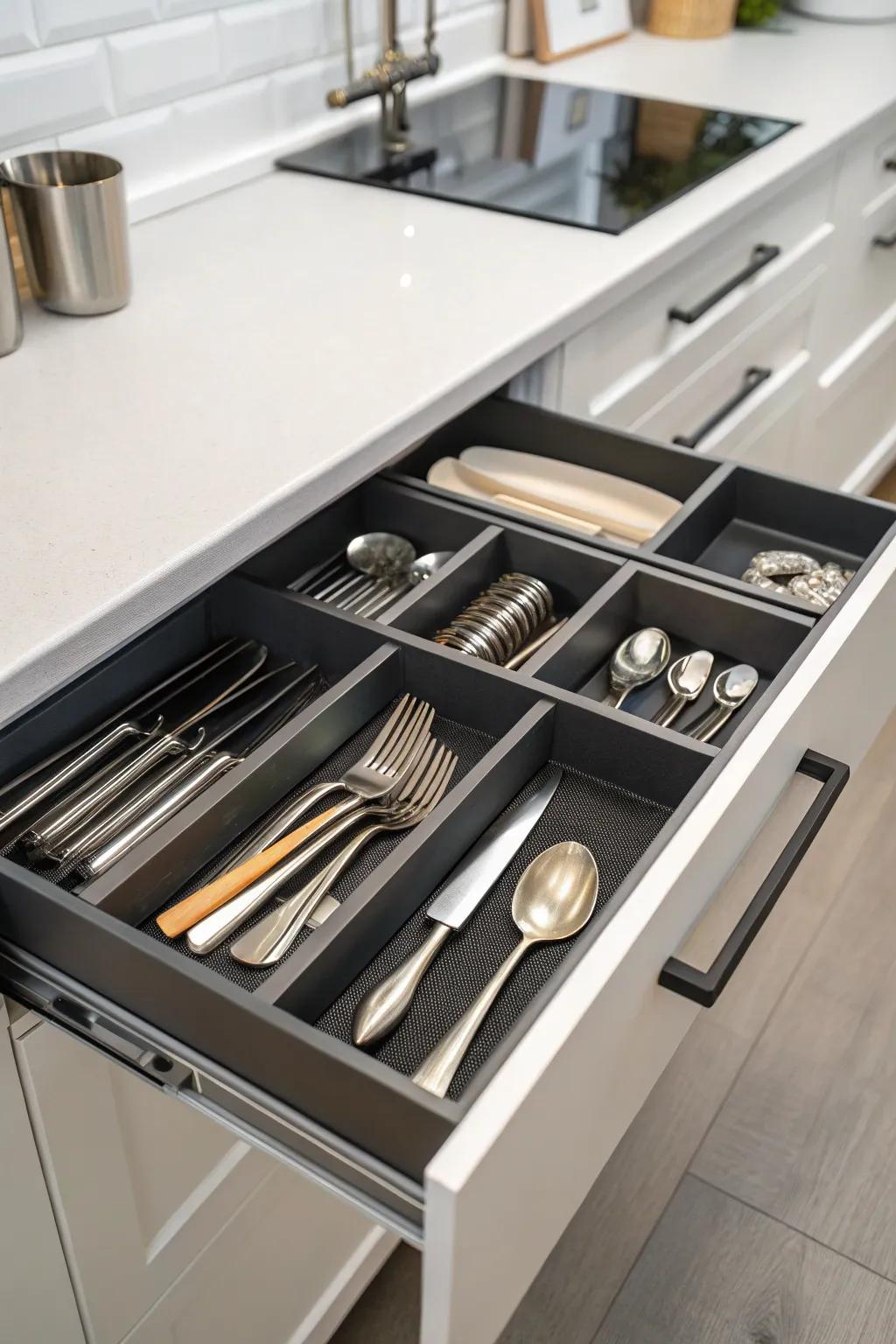 Angled storage maximizing drawer capacity.