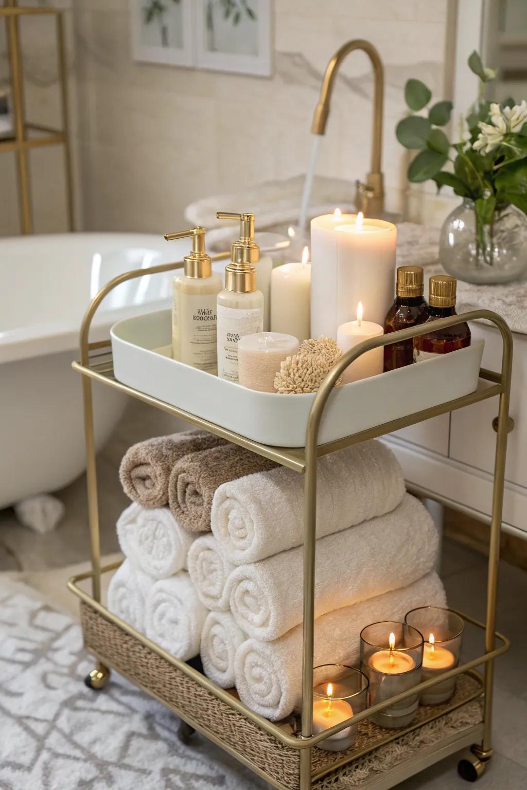 A bathroom cart keeps essentials organized and stylish.