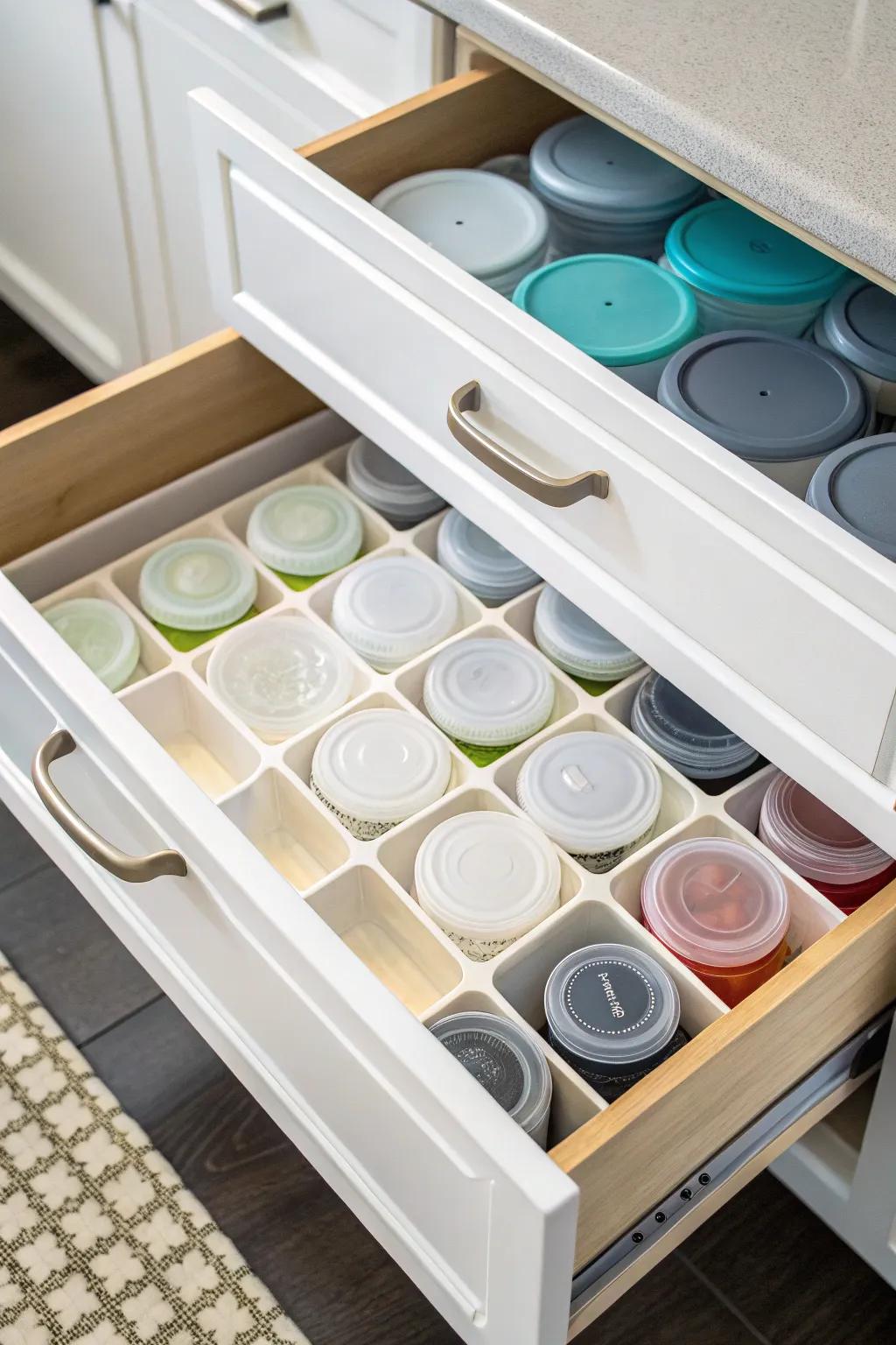 A drawer with dividers, organizing plastic containers and lids.