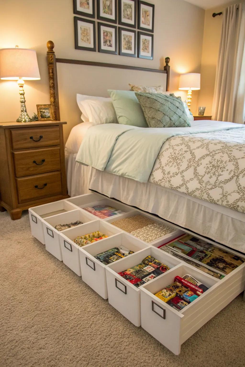 Below-the-bed storage neatly puts puzzles out of sight.