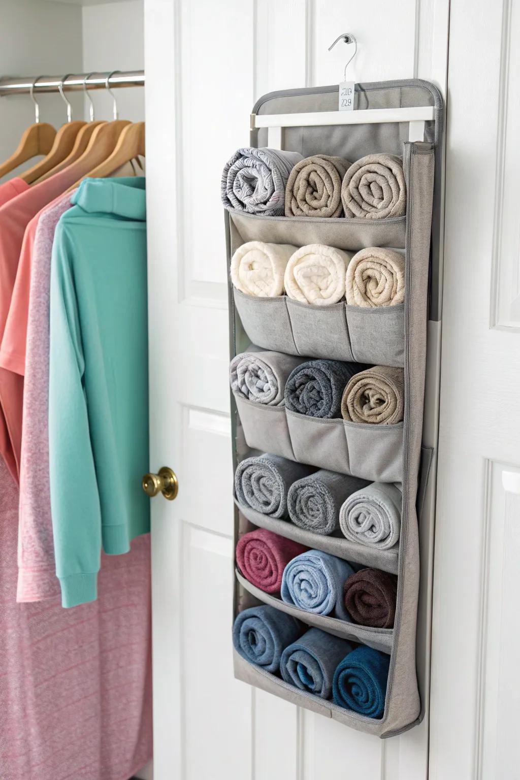 Over-the-door organizers offer clever storage for lightweight sweatshirts.
