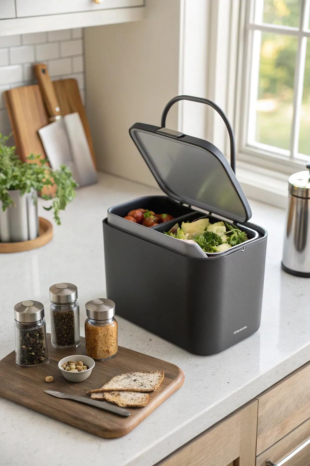 This chic food scraps container is ideal for gathering compost scraps right on the countertop.