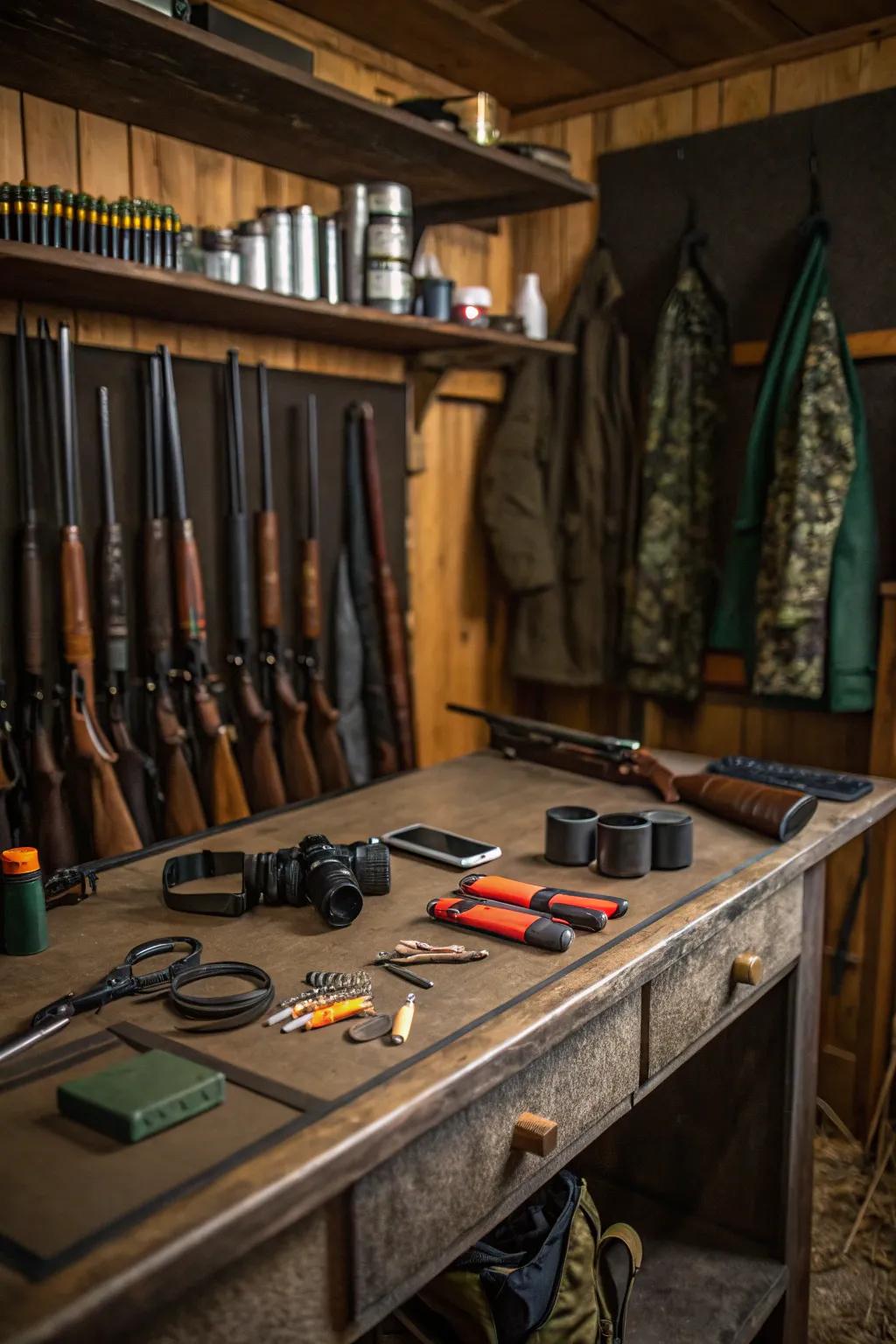 A workbench provides a practical space for gear maintenance.