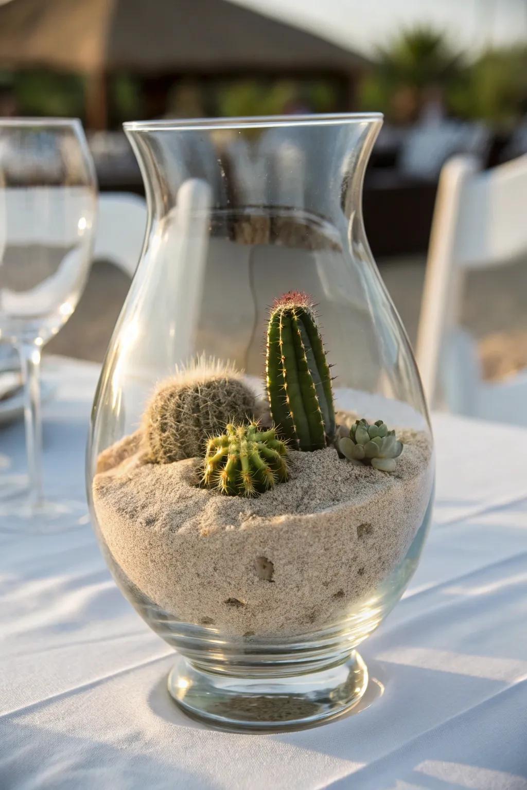 Sand and a small cactus in a hurricane vase for a desert-inspired centerpiece.