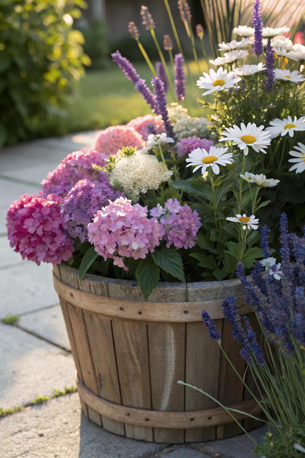 A charming quaint garden integration of hydrangeas, daisies, and lavender.