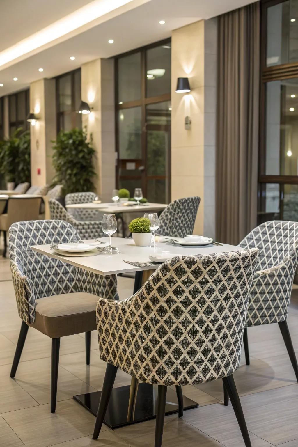 Modern style with geometric patterned seating covers.