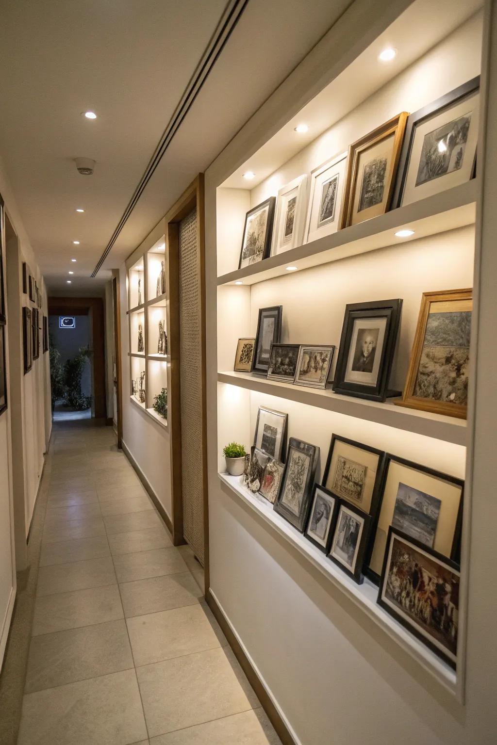 Transform your hallway into a personalized gallery with shelves displaying art.