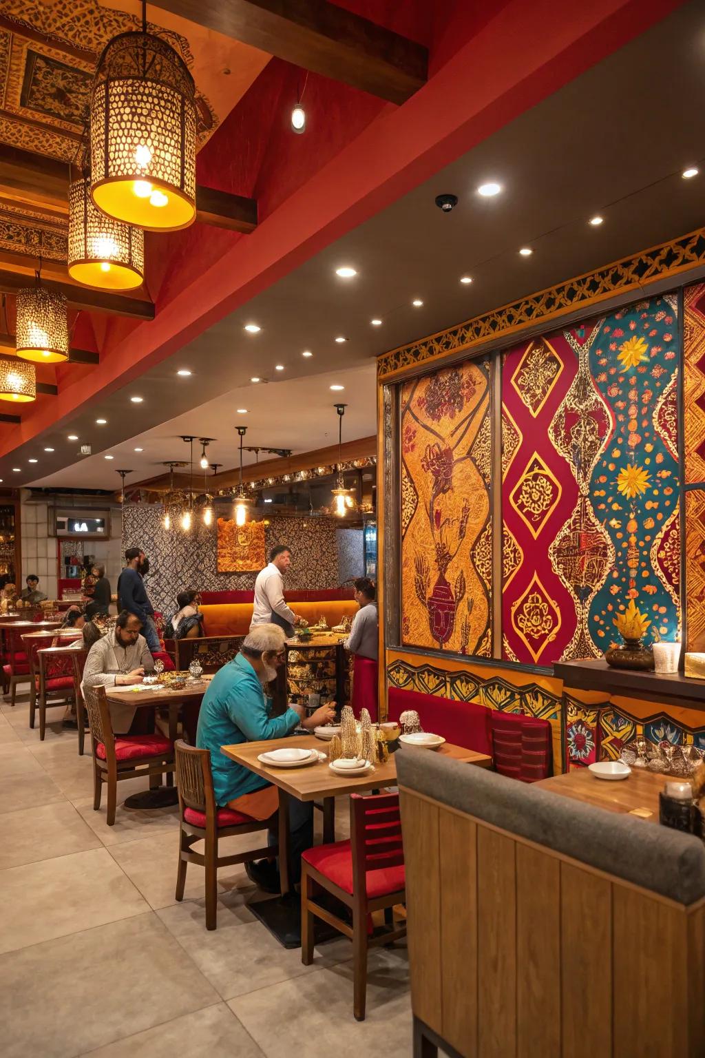 The accent wall makes a bold statement in the Indian restaurant.