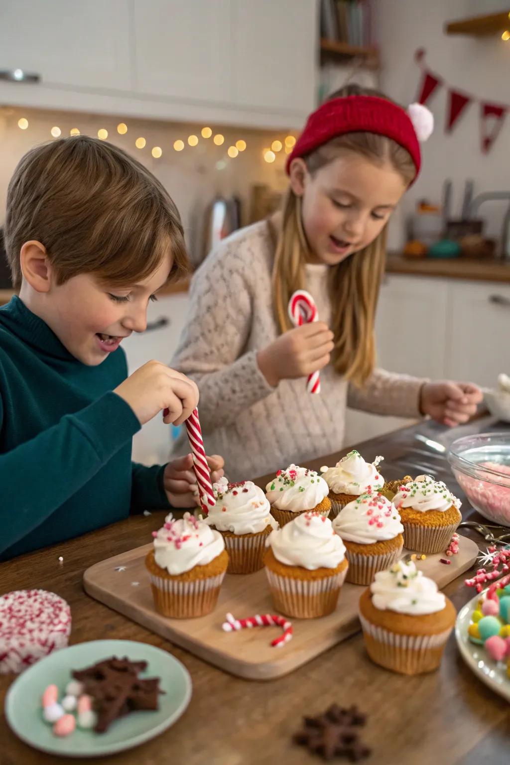 Children crafting their personal winter-inspired pastries at an embellishment station.