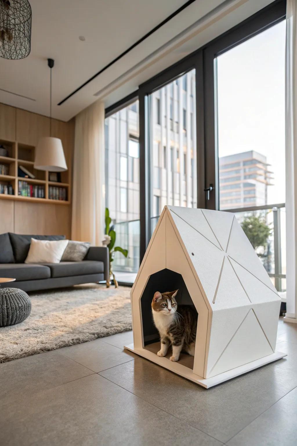 A geometric cat house that also serves as modern art.