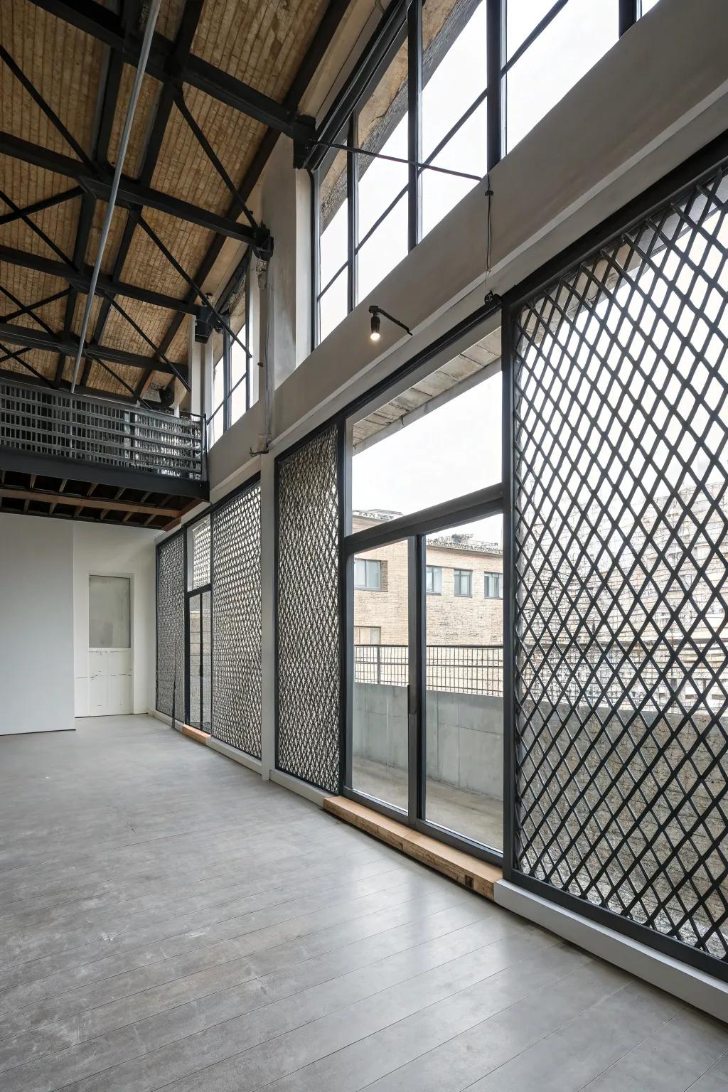 Metallic lattice wall delivering an industrial edge to the open living space.