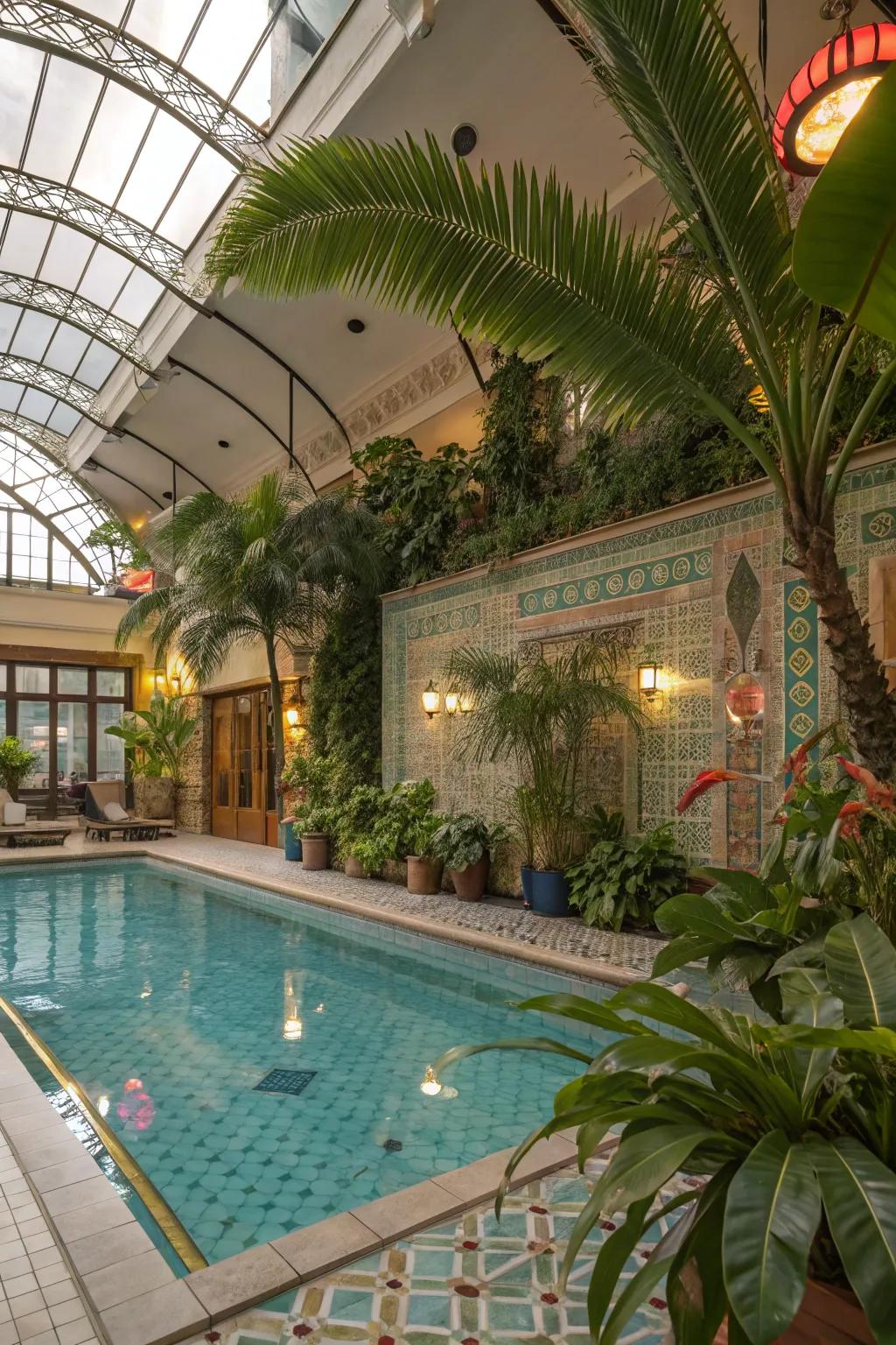 A tropical-themed indoor pool boasting verdant greenery