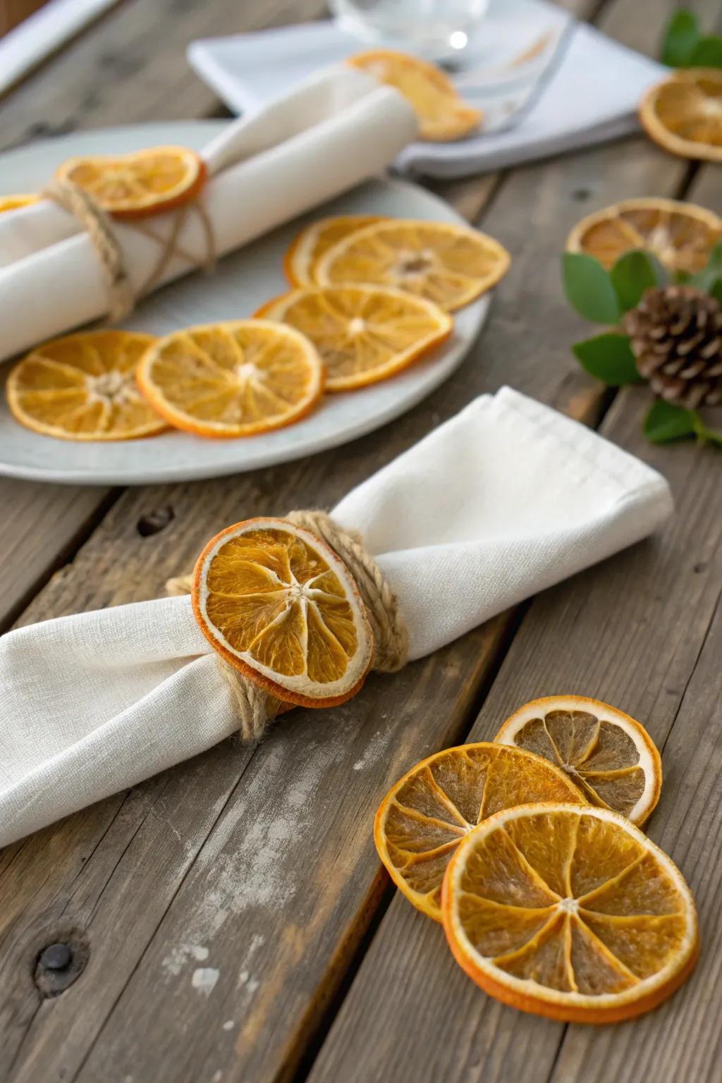Citrus napkin rings add a playful and unique touch.