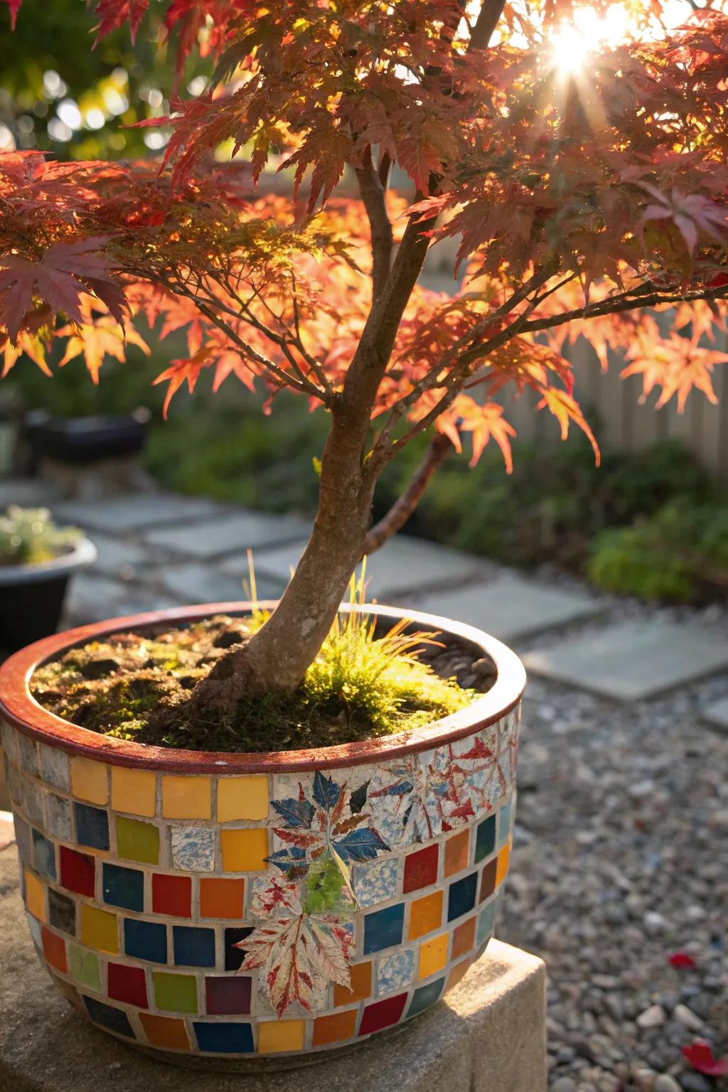 Artistic expression with a Japanese maple in a mosaic planter.