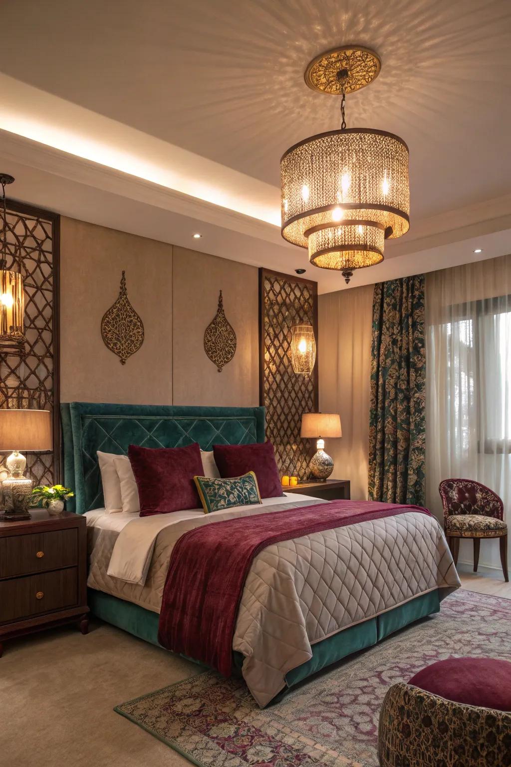 Layered lighting draws out the depth in jewel tones, creating a cozy atmosphere.