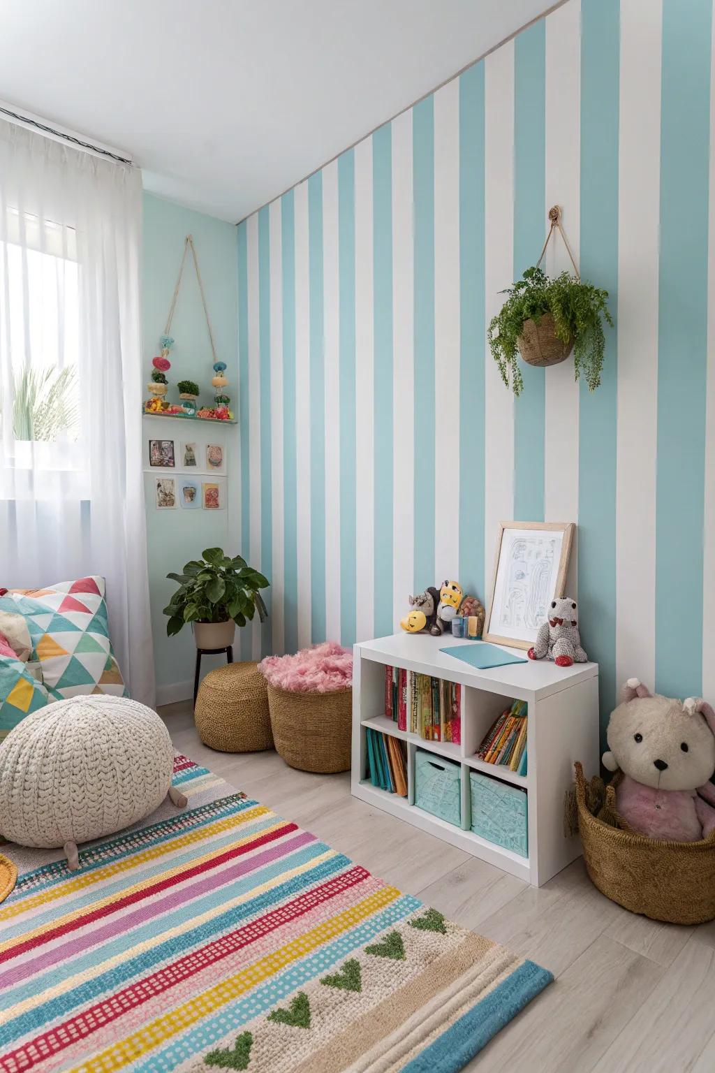 Stripes add a playful touch and make the room feel taller.