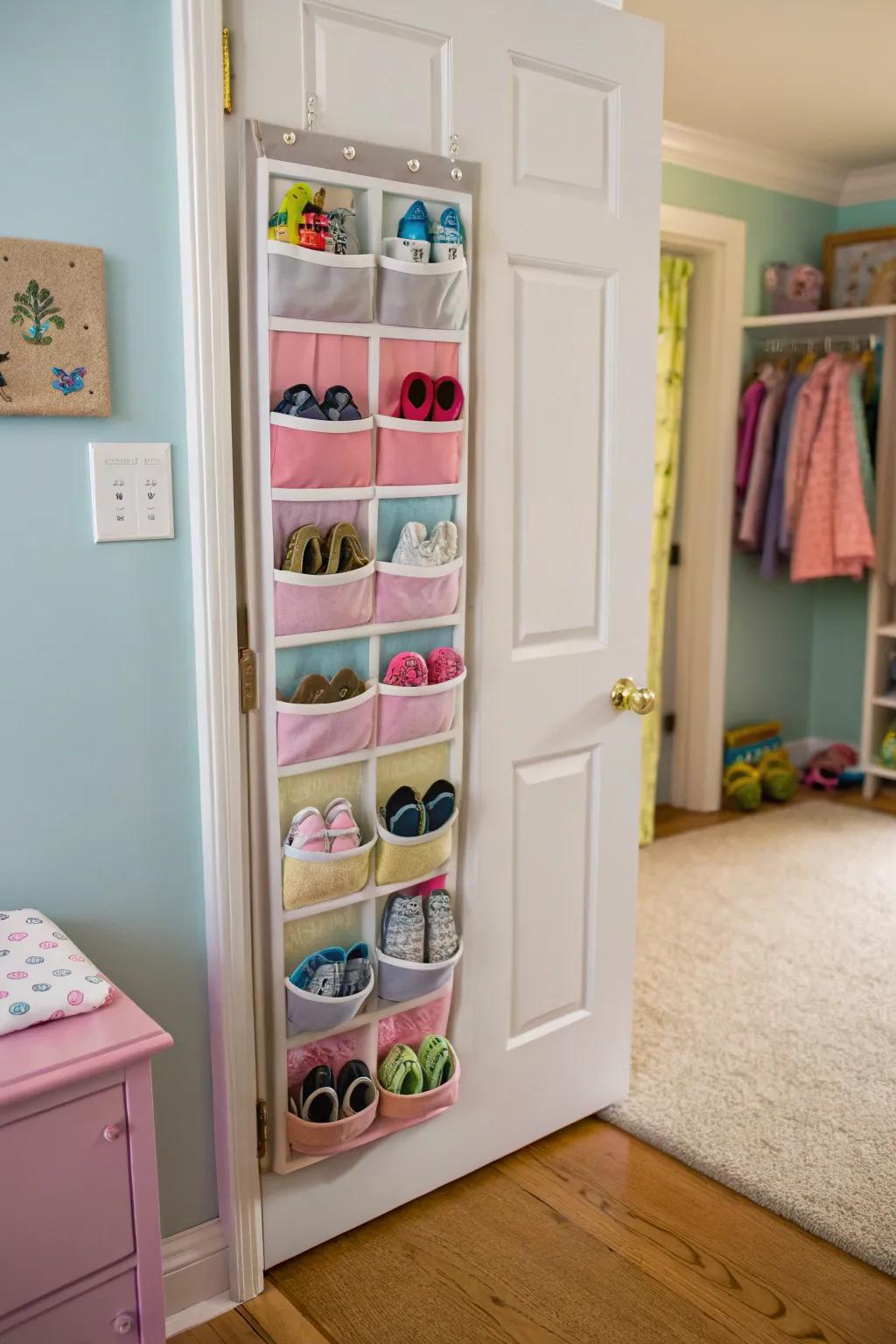 Use over-the-door shoe storage to maximize space.