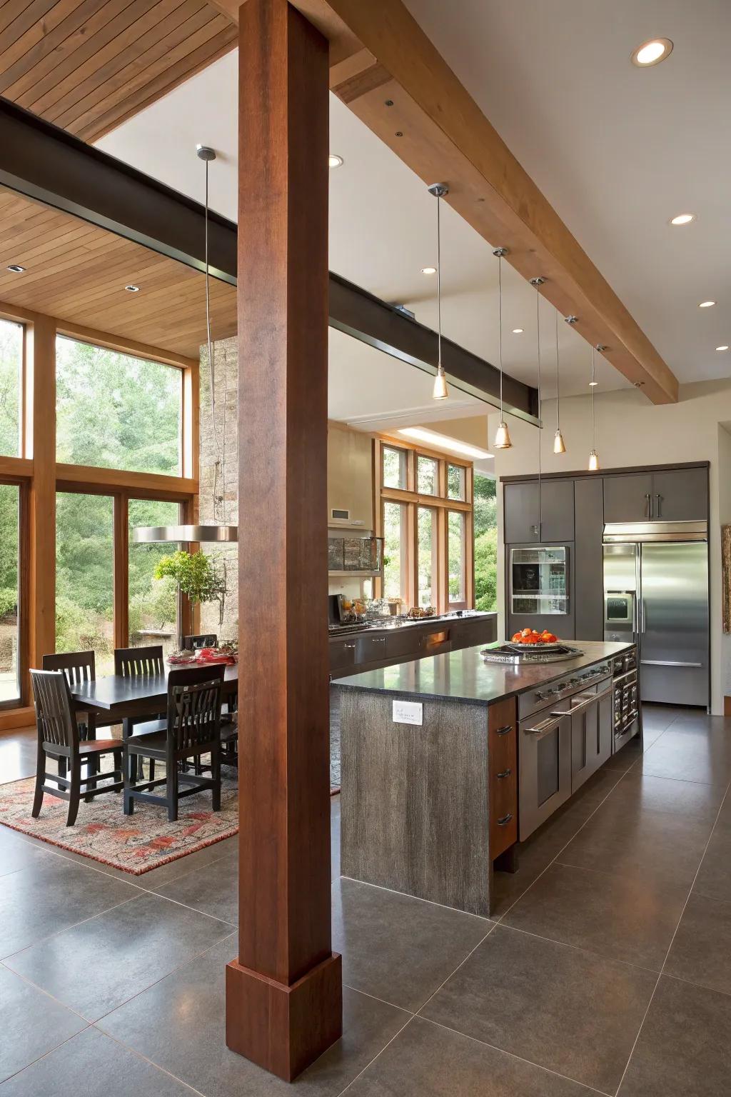 Vertical beam pillars elegantly divide kitchen spaces.