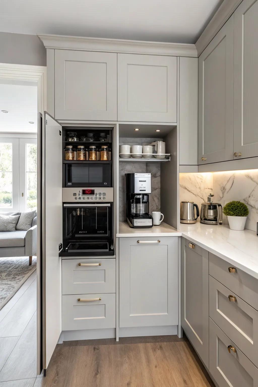 An equipment enclosure masks clutter, maintaining a refined look.