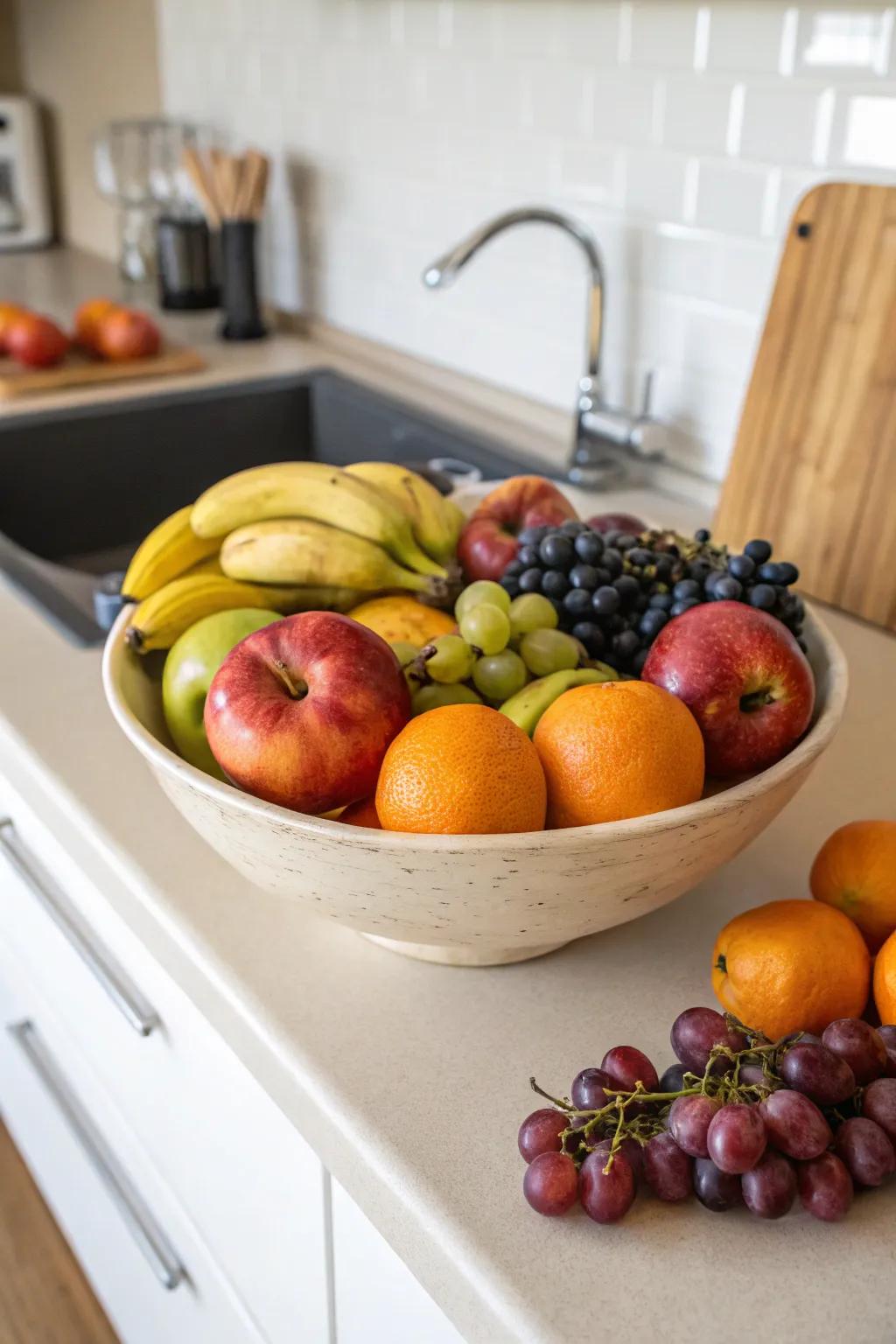 Newly picked fruits contribute hue and energy.