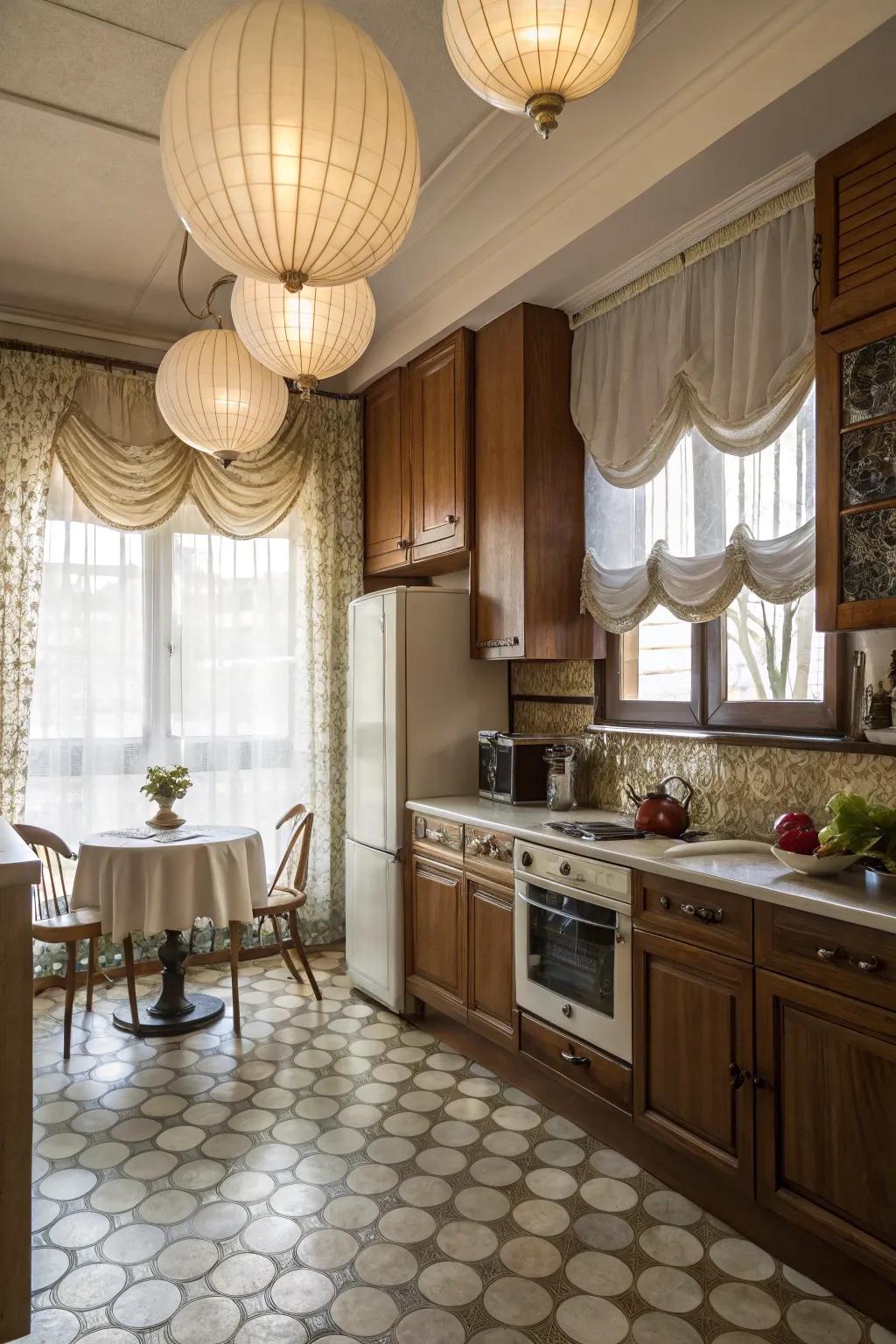 Old-time air filled shades add romantic charm to this kitchen.