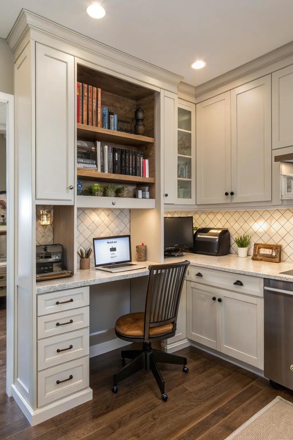 A kitchen desk cleverly hidden behind cabinet doors for a sleek look.