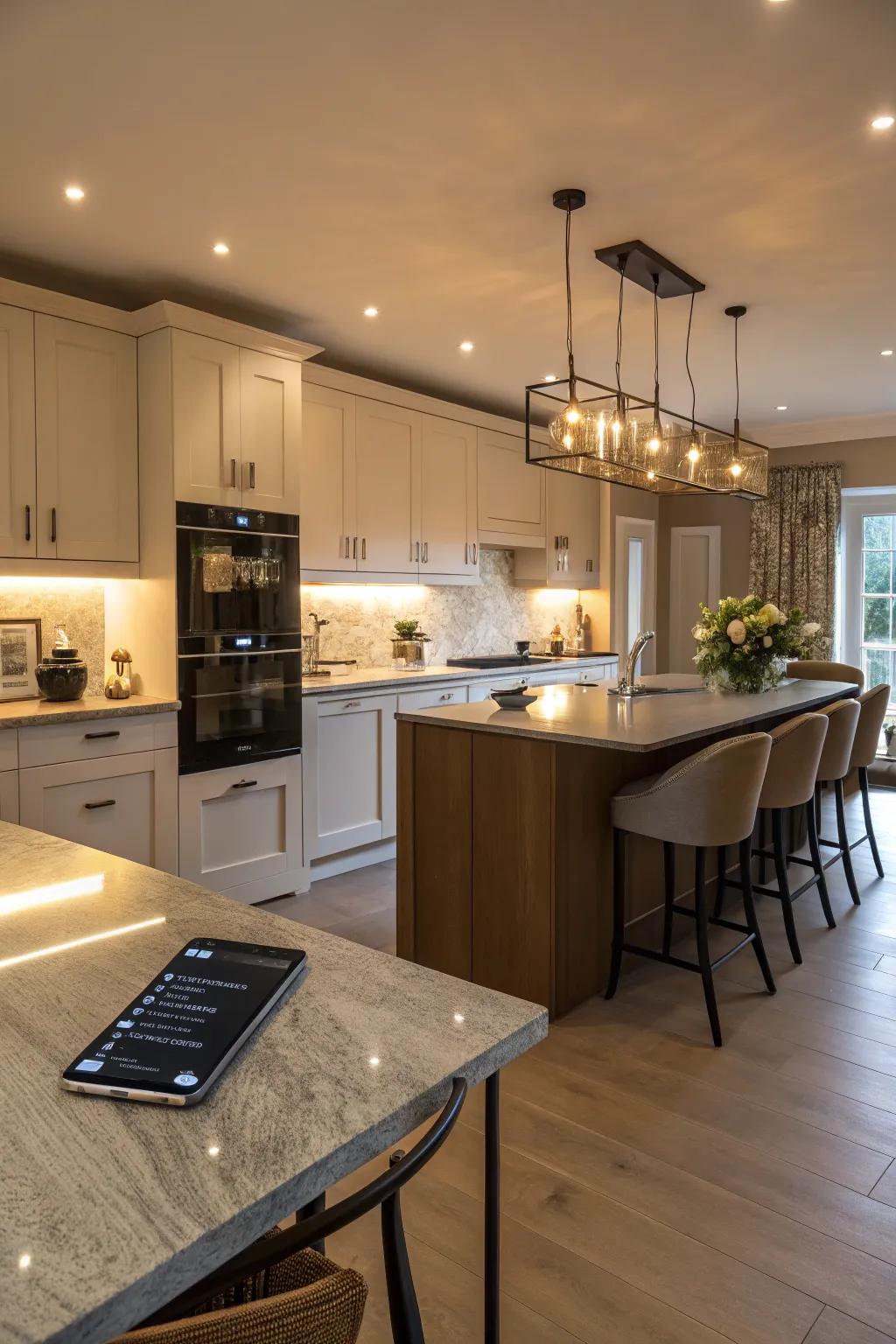 Smart illumination grants ease and command over the kitchen's atmosphere.