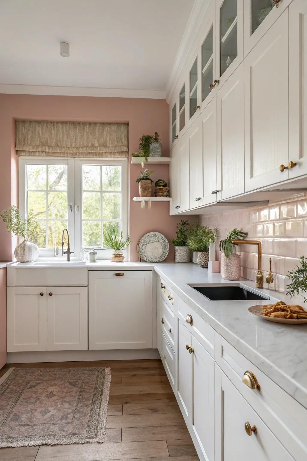 Rosy paint walls provide a delicate and sophisticated aesthetic.