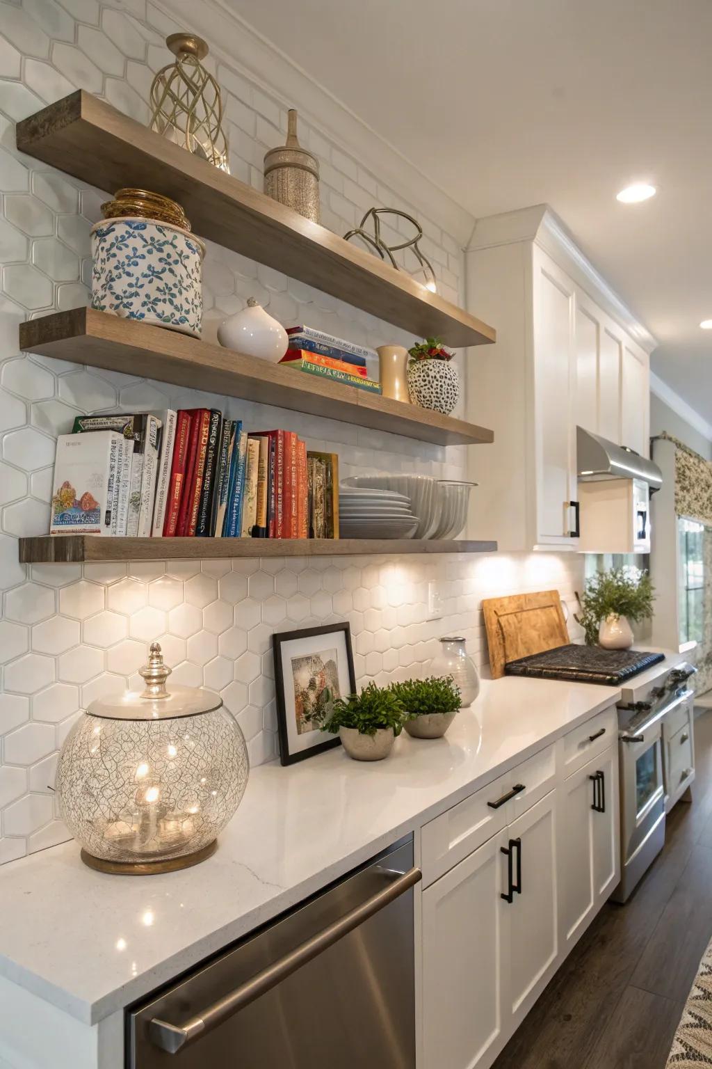 A kitchen featuring elegant floating shelves for stylish storage.