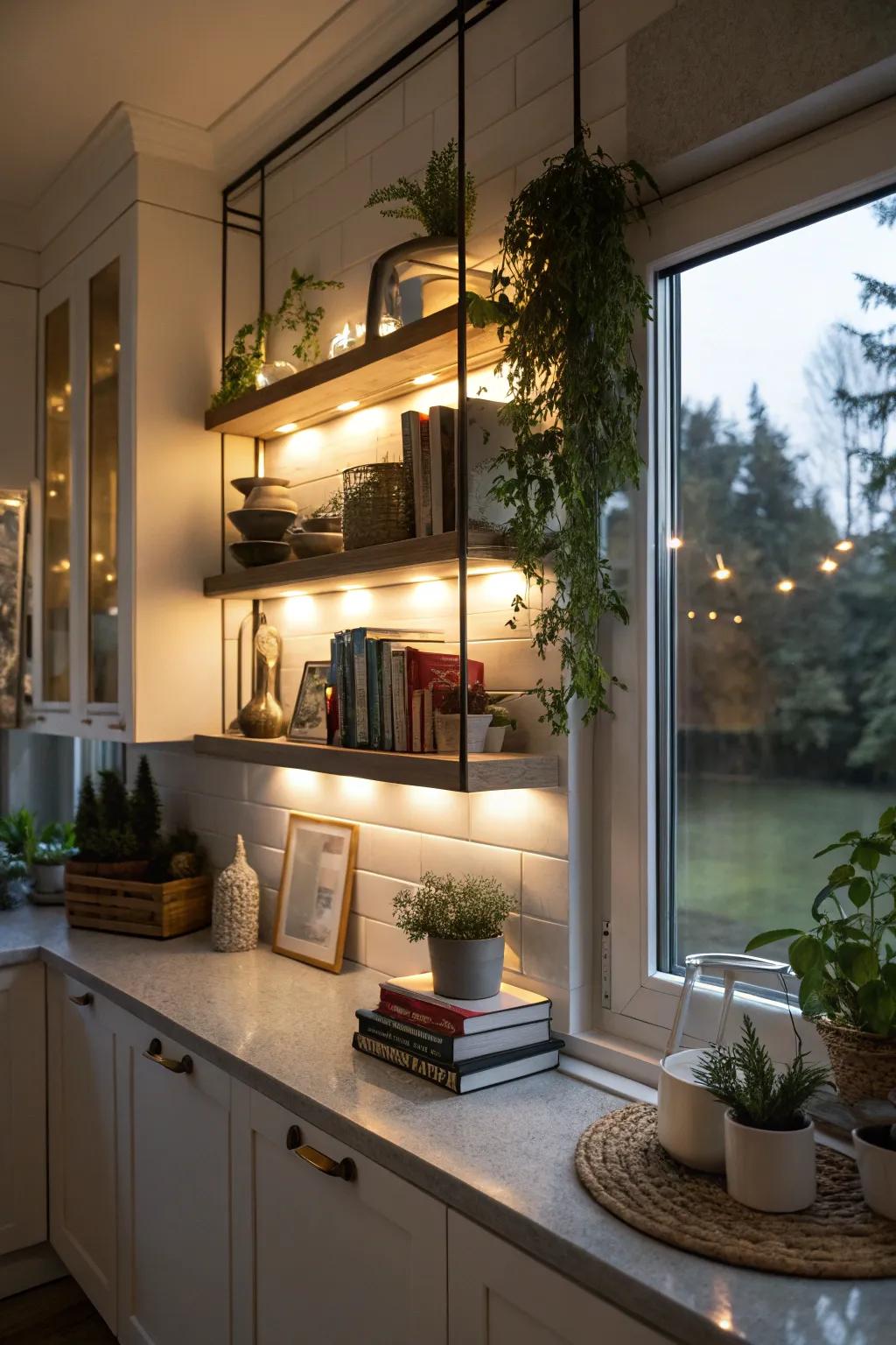 Under-shelf lighting crafts a welcoming and enchanting ambiance within the kitchen.