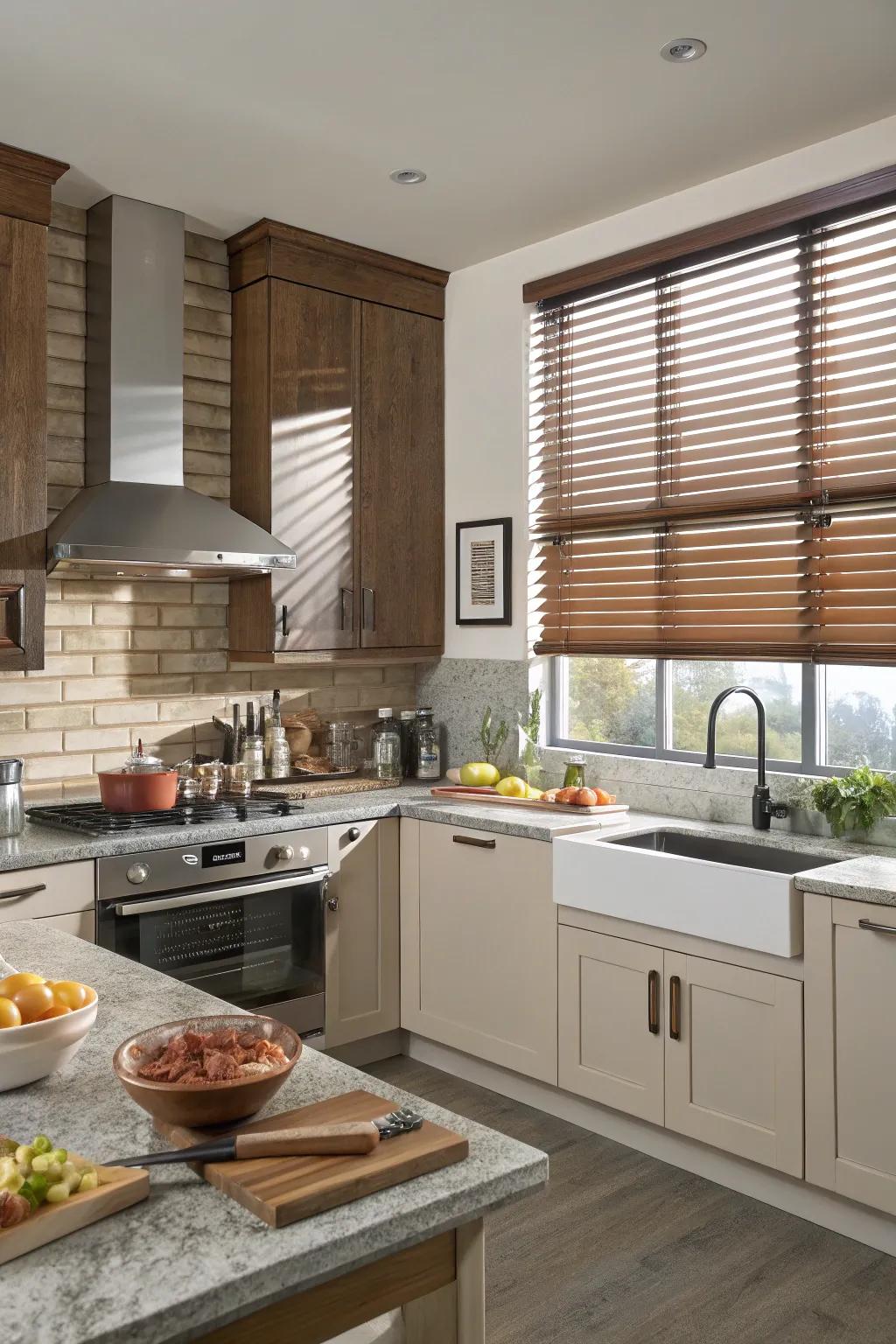 Emulated wood blinds offer resilience and style, optimal for kitchens.