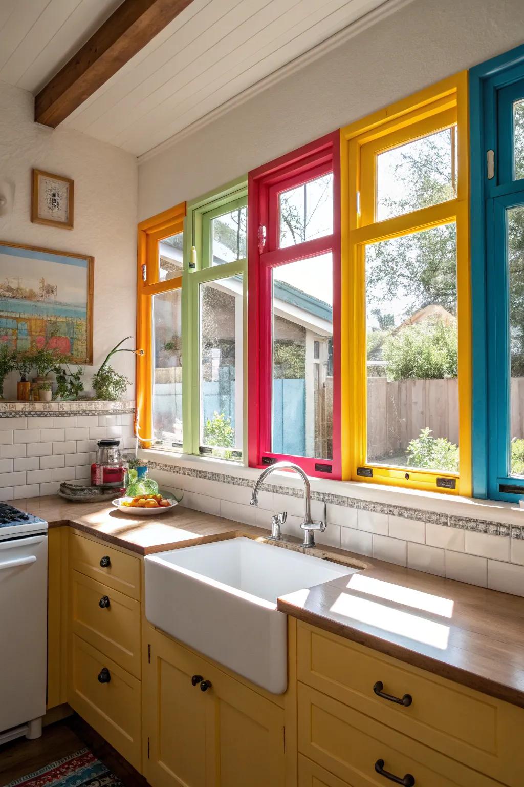 A culinary space adorned with eye-catching window frames in vibrant tints.