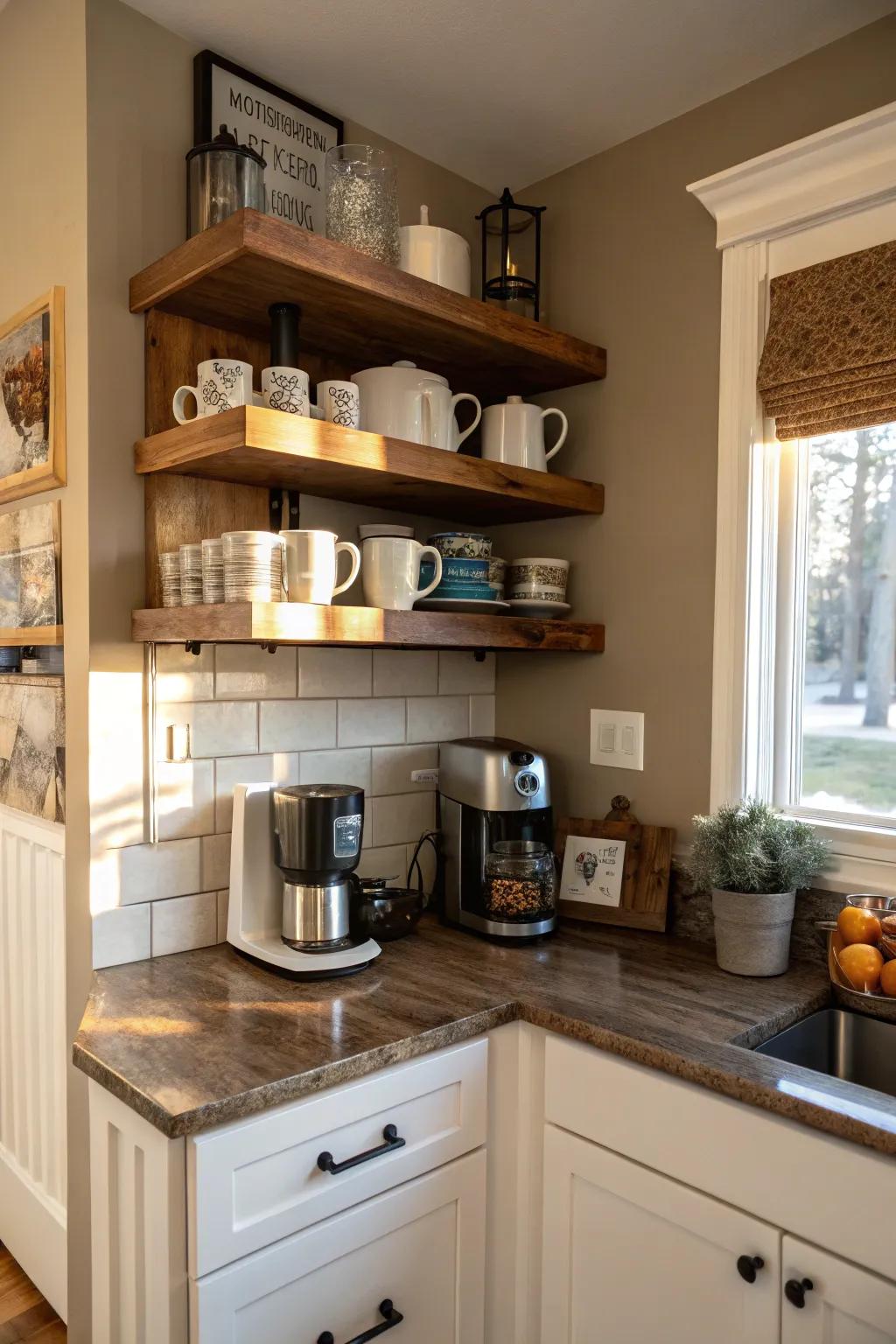 A cozy coffee nook with floating shelves is both charming and practical.