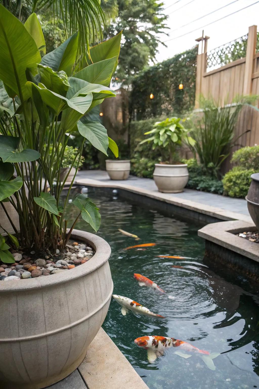 A koi pond enhanced with potted plants, providing adaptable shading.