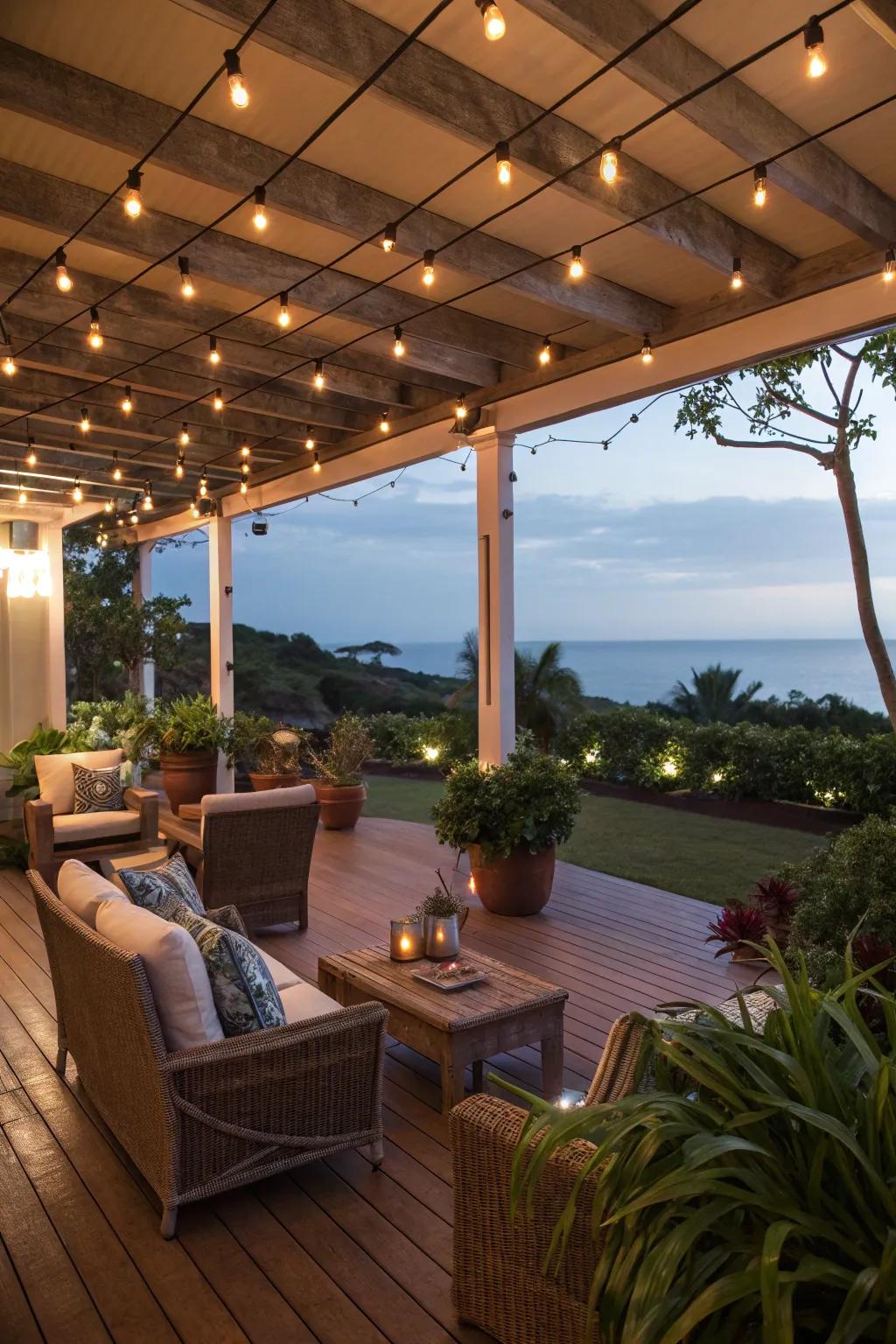 Enchanting illumination enhances this lanai.