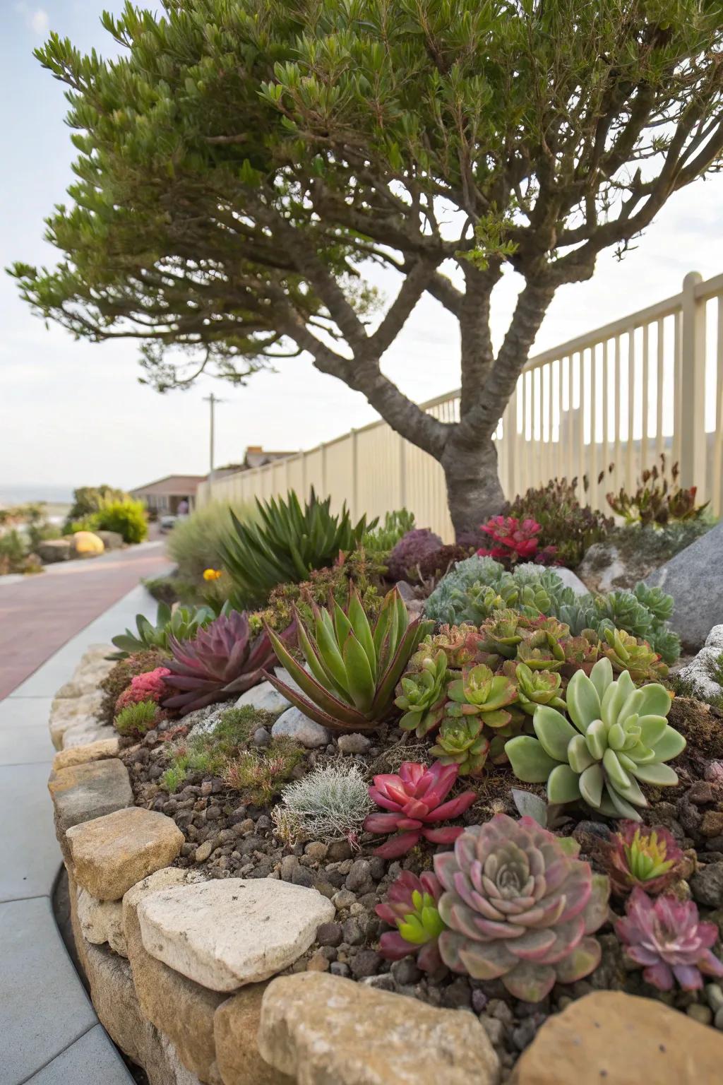 Succulents inject texture and contemporary sophistication around trees.