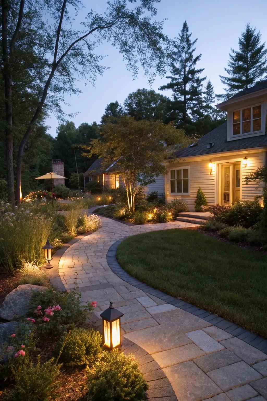 Outdoor lighting beautifully highlights pathways and garden features.