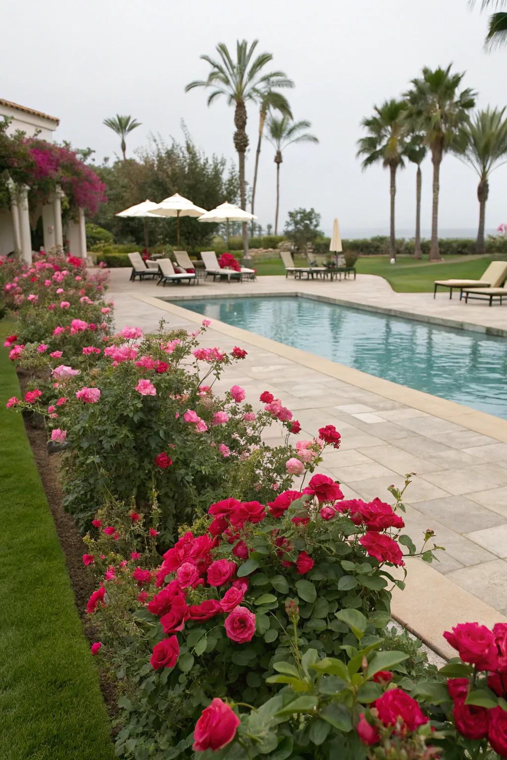 Knockout roses create a poolside oasis.