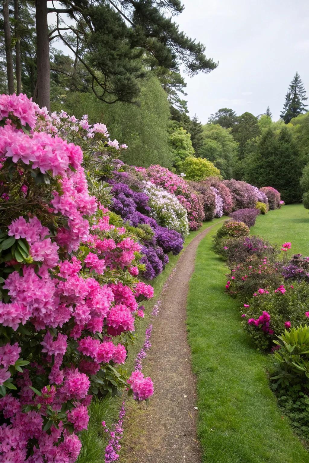 Rhododendrons establishing a colorful border encircling garden plots.