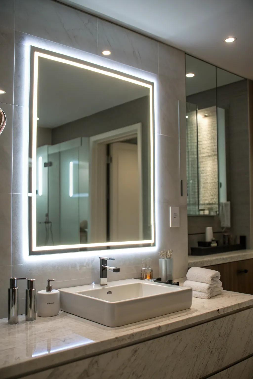 Backlit mirrors deliver a modern, celestial glow for your powder room.
