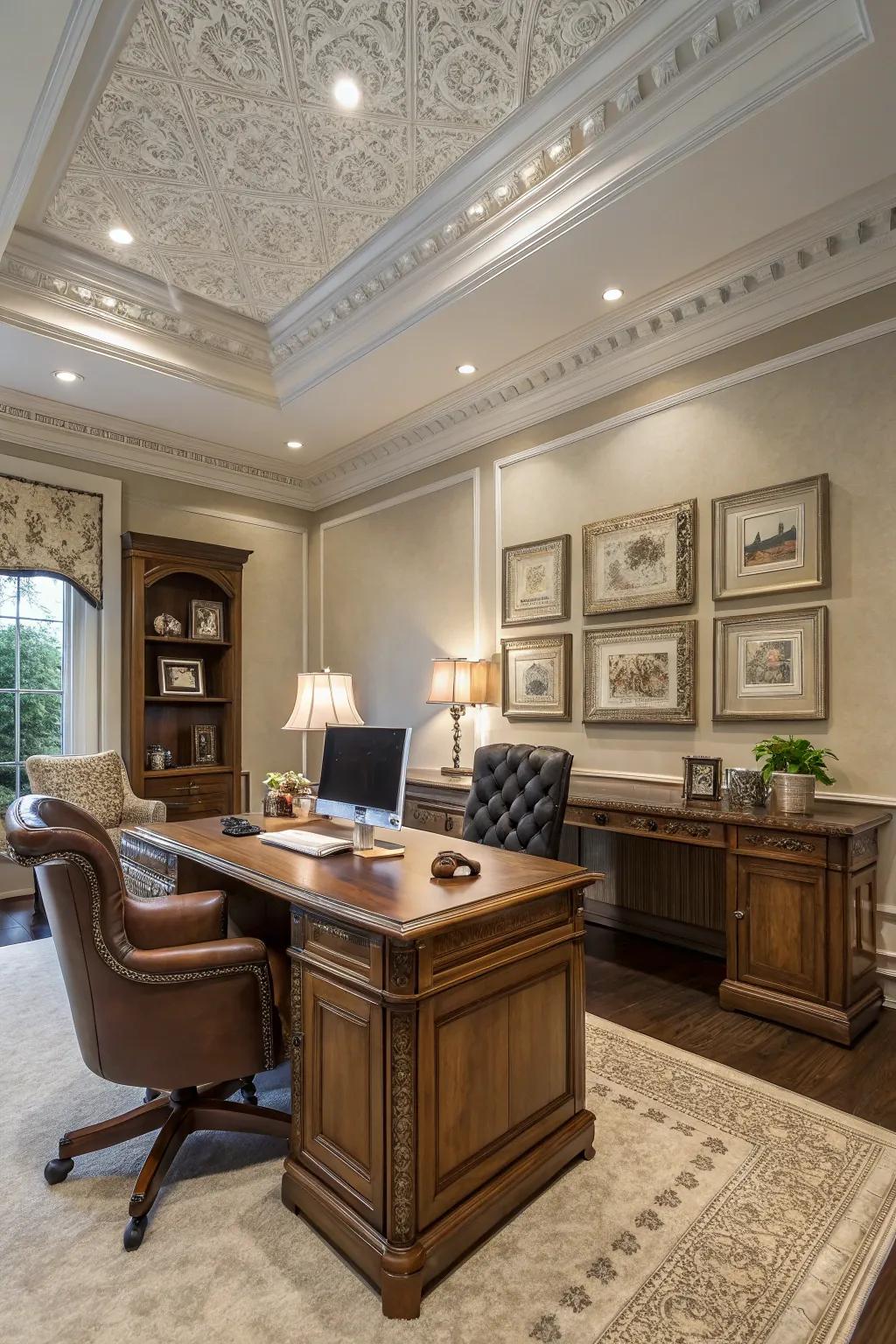 A cultured dwelling workplace featuring ample sized crown shaping, delivering a chic workspace.