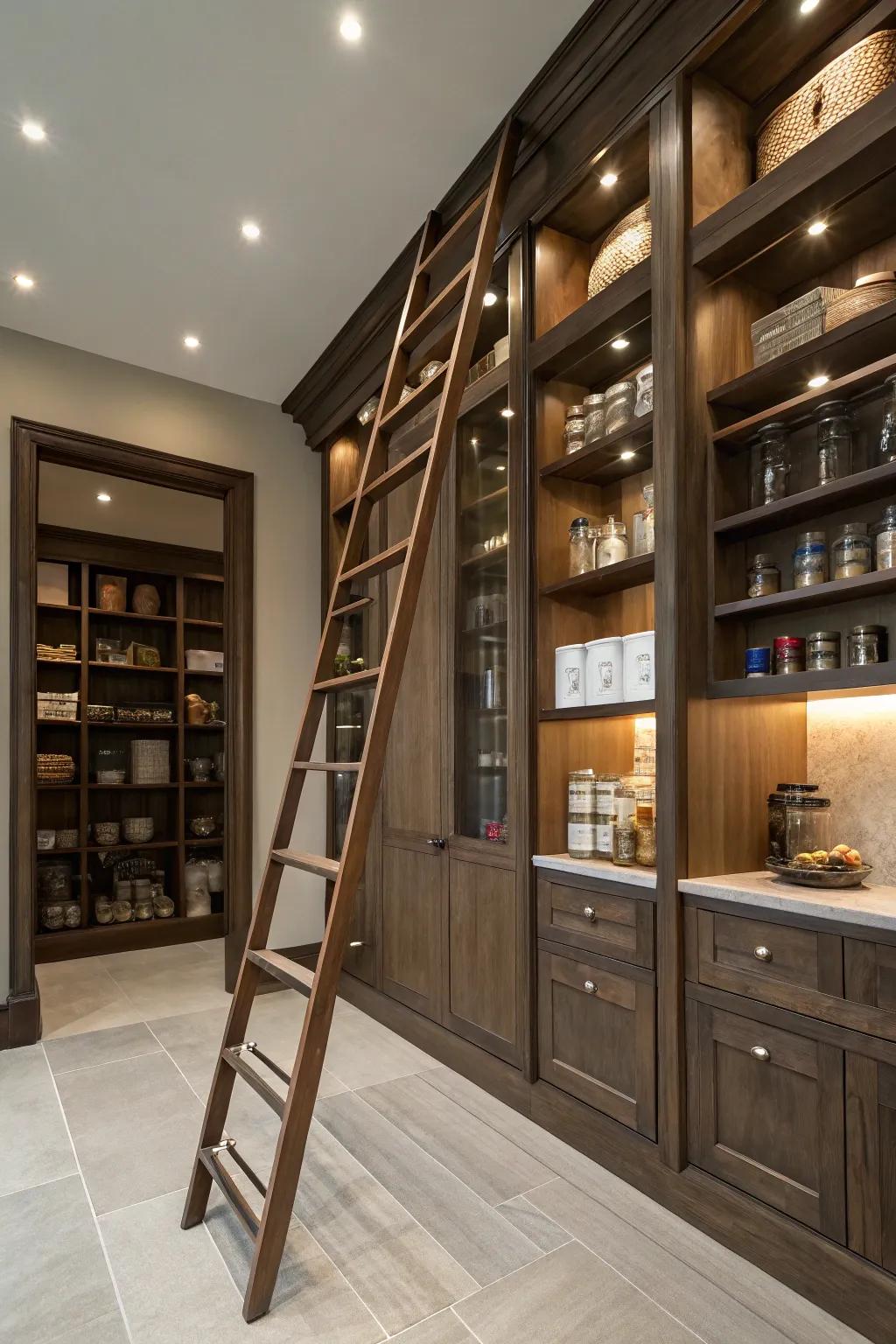 A library ladder adds elegance and makes it simple to get to things in your pantry.