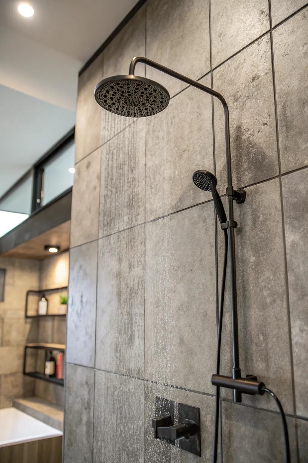 Hard surface coverings provide your shower with a chic, industrial feel.