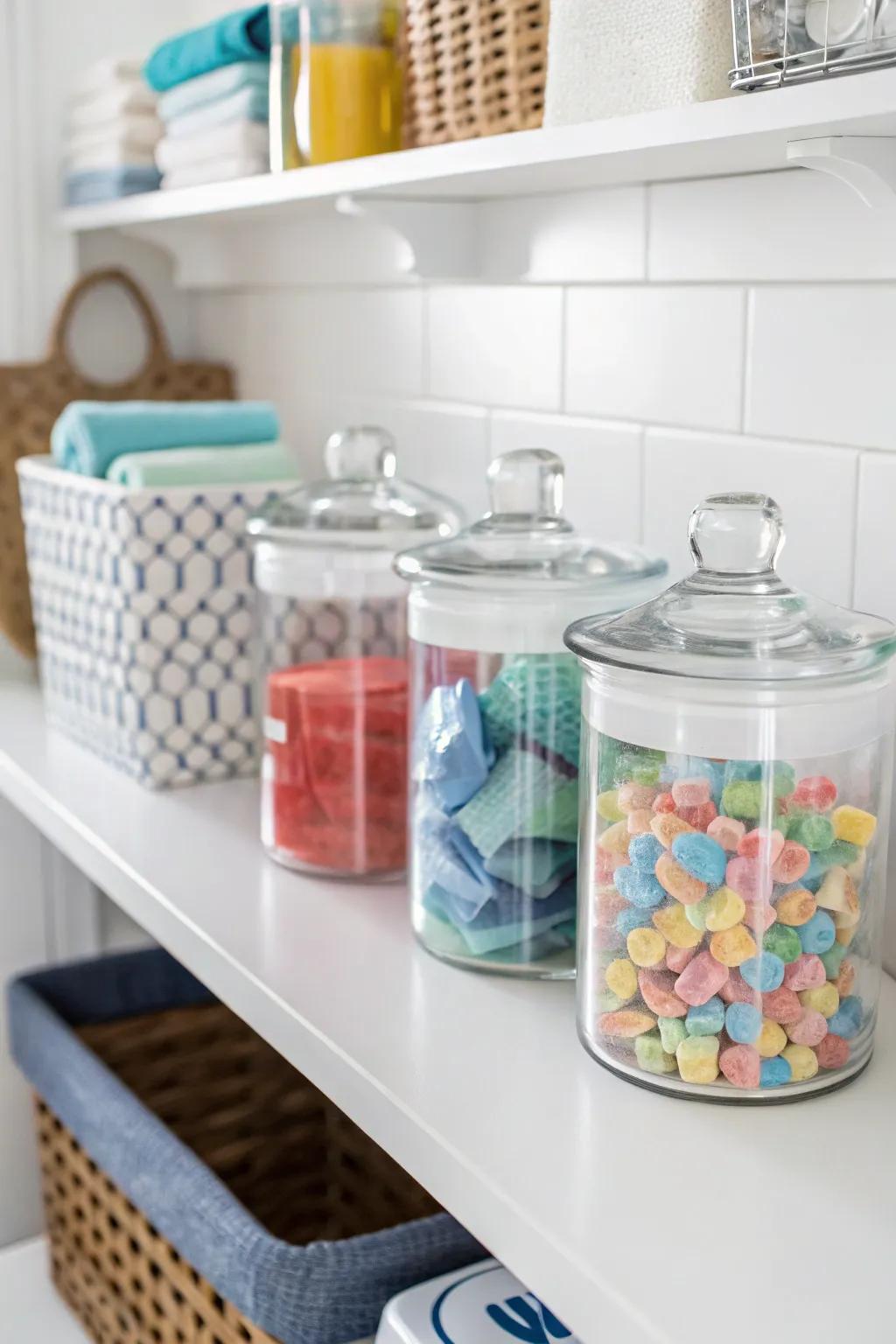 Glass canisters provide versatile storage for laundry essentials.