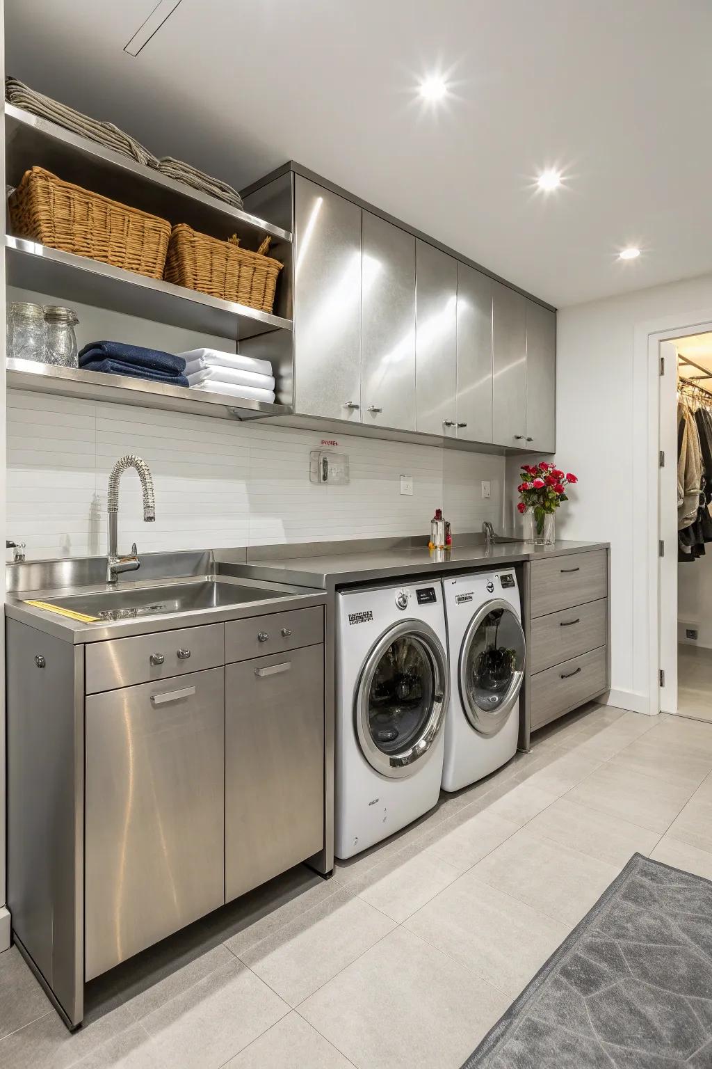 Sleek and modern stainless steel countertops in the laundry room.